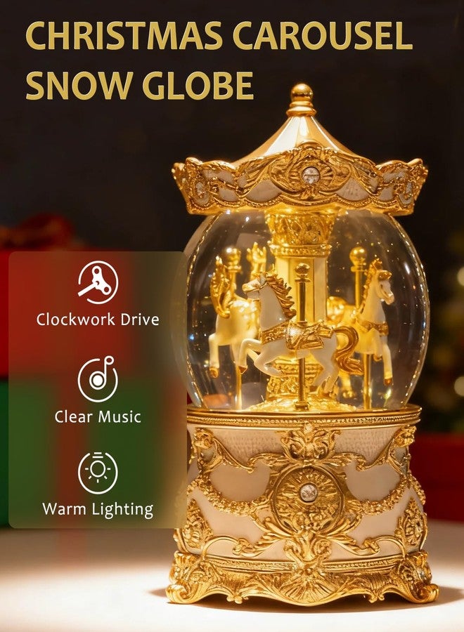 صندوق موسيقي على شكل كرة ثلجية عتيقة مع حصان دوار ذهبي - زينة عيد الميلاد الكلاسيكية الموسيقية التي تعمل بالبطارية، مناسبة للأطفال والنساء وهواة جمع التحف - Image 2